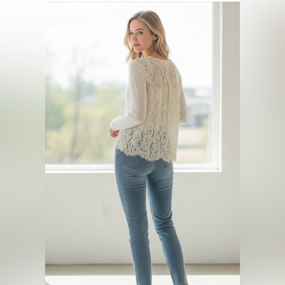 CAbi Ivory Sweater with Lace Detail